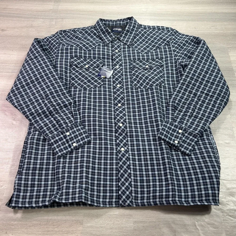 NEW Wrangler Jacket Mens 2XL Blue Plaid Quilted Flannel‎ Western Snap Shacket
